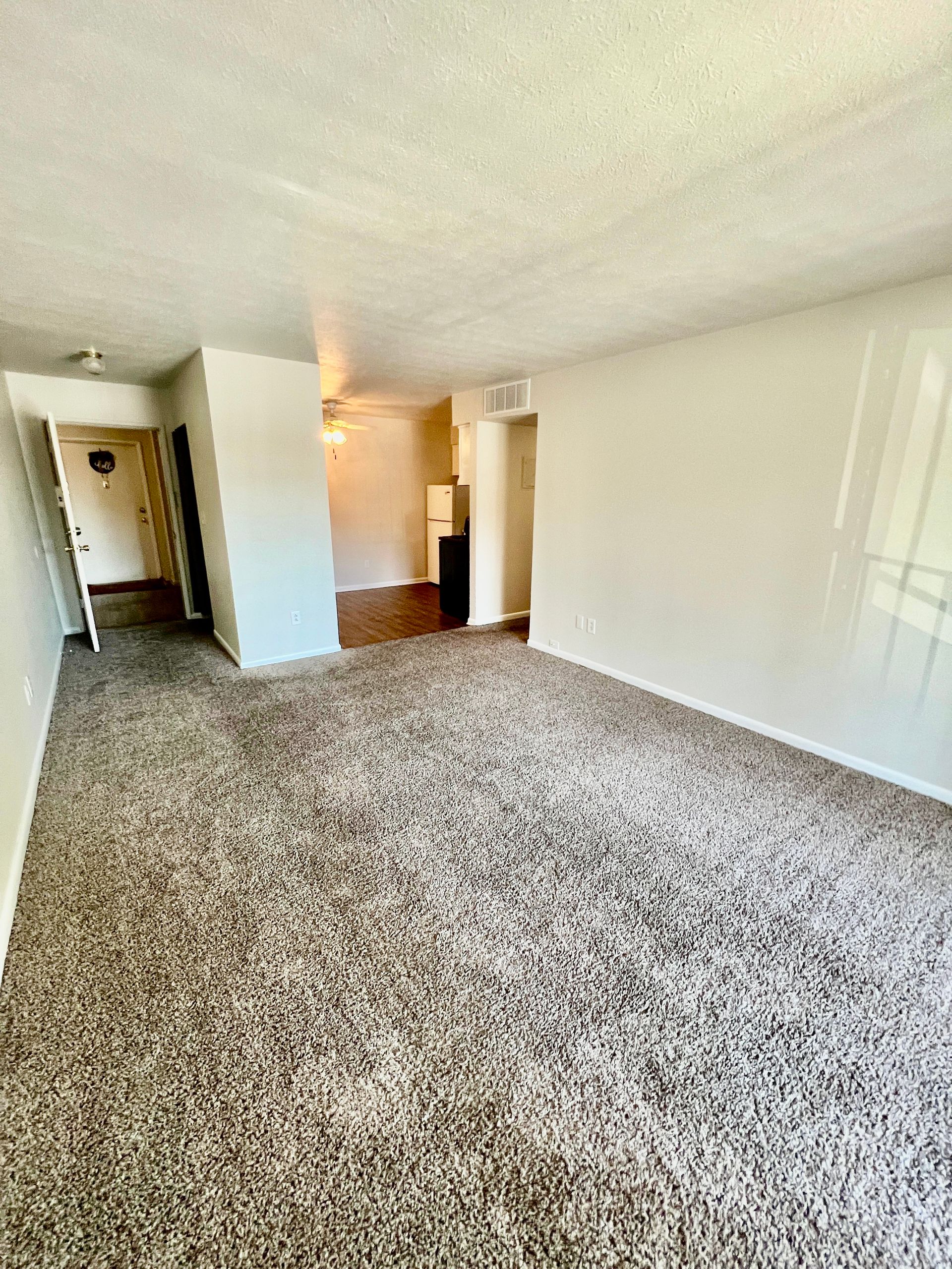 An empty living room with a carpeted floor and white walls.