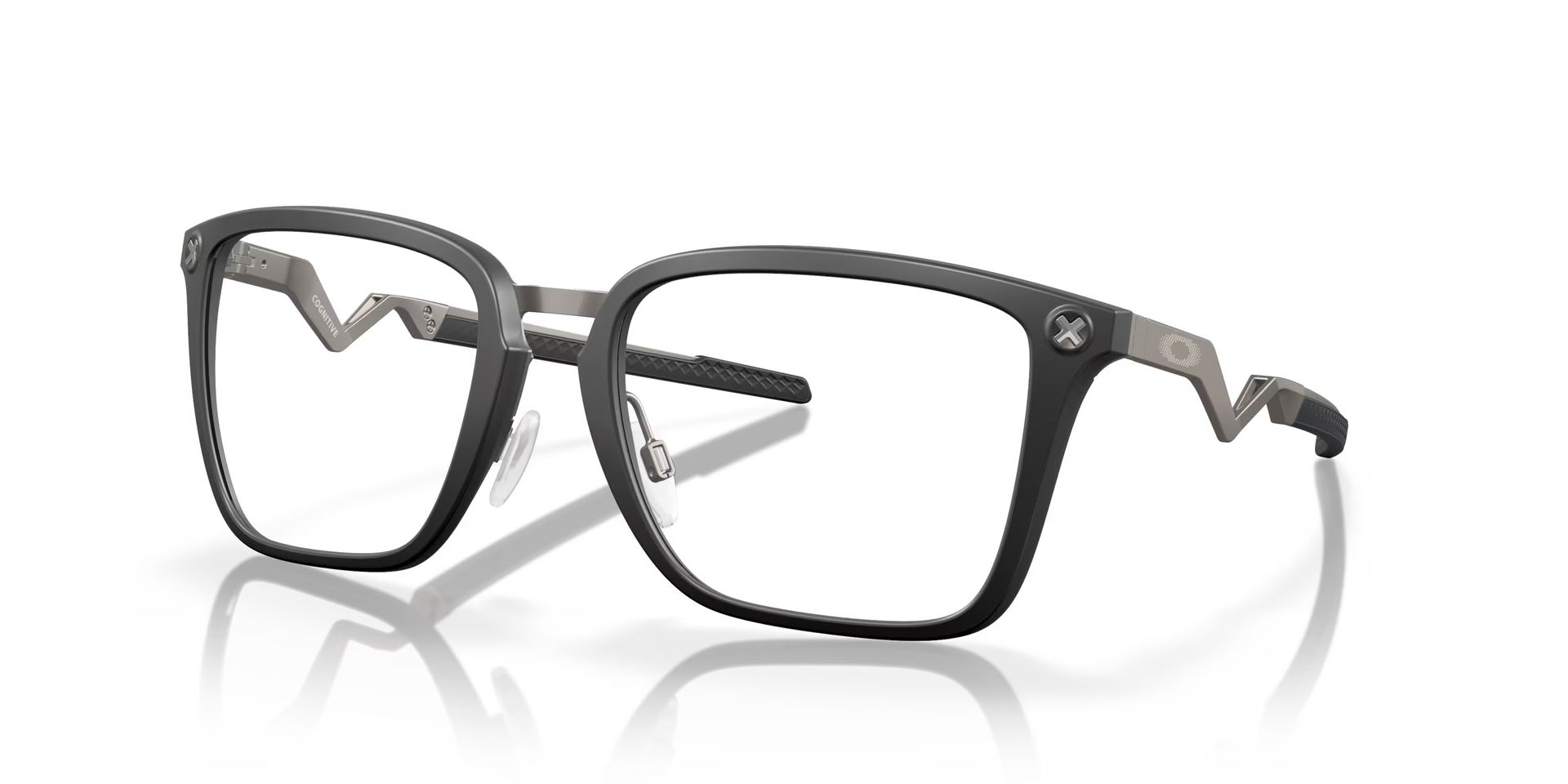 A pair of black and gold glasses on a white background.