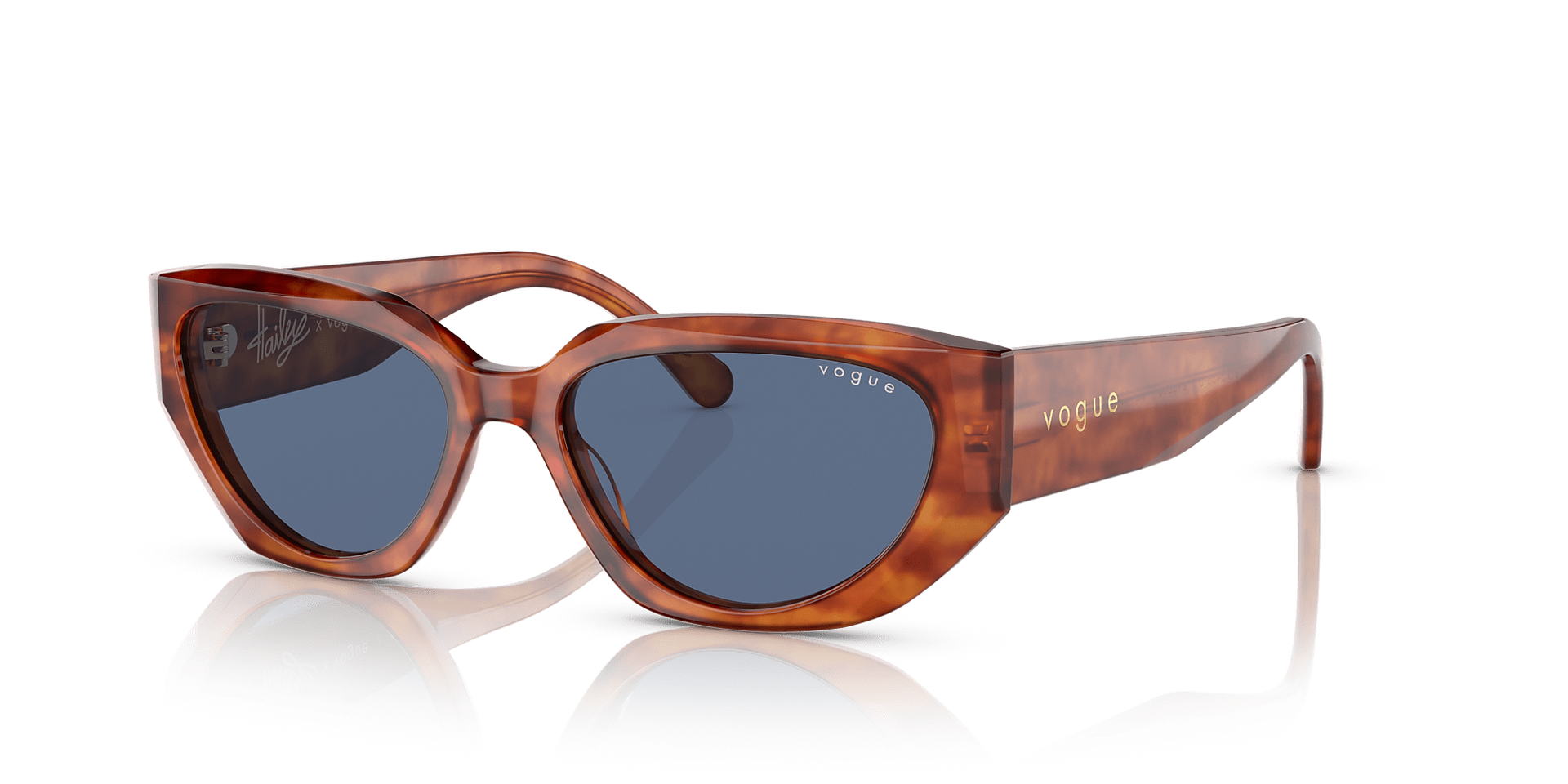 A pair of brown sunglasses with blue lenses on a white background.