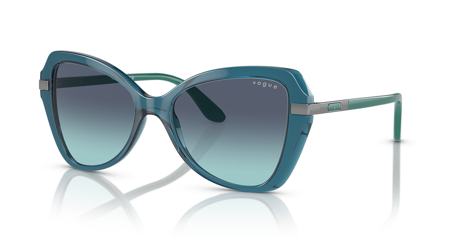 A pair of blue sunglasses with a green frame on a white background.