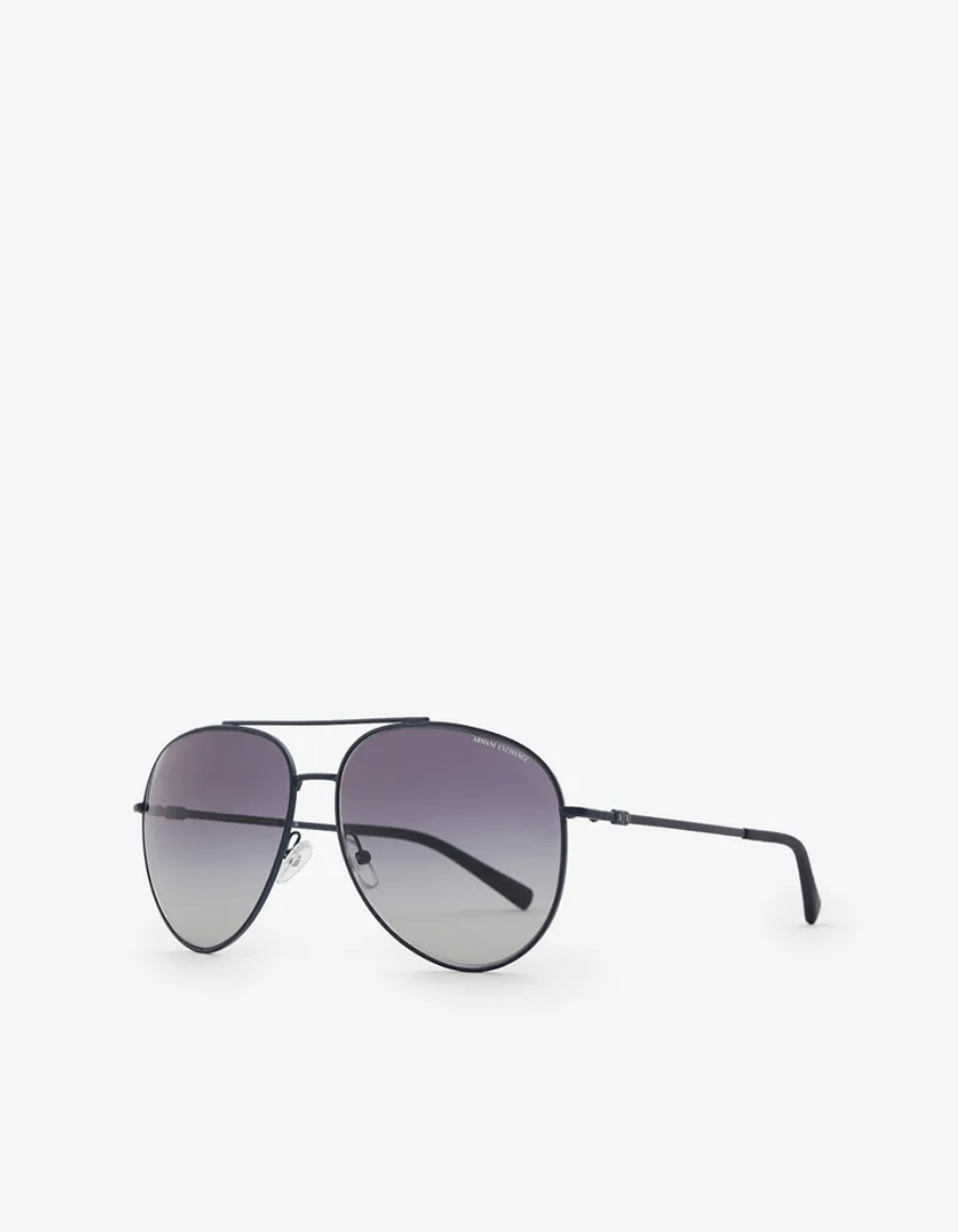 A pair of black aviator sunglasses on a white background.