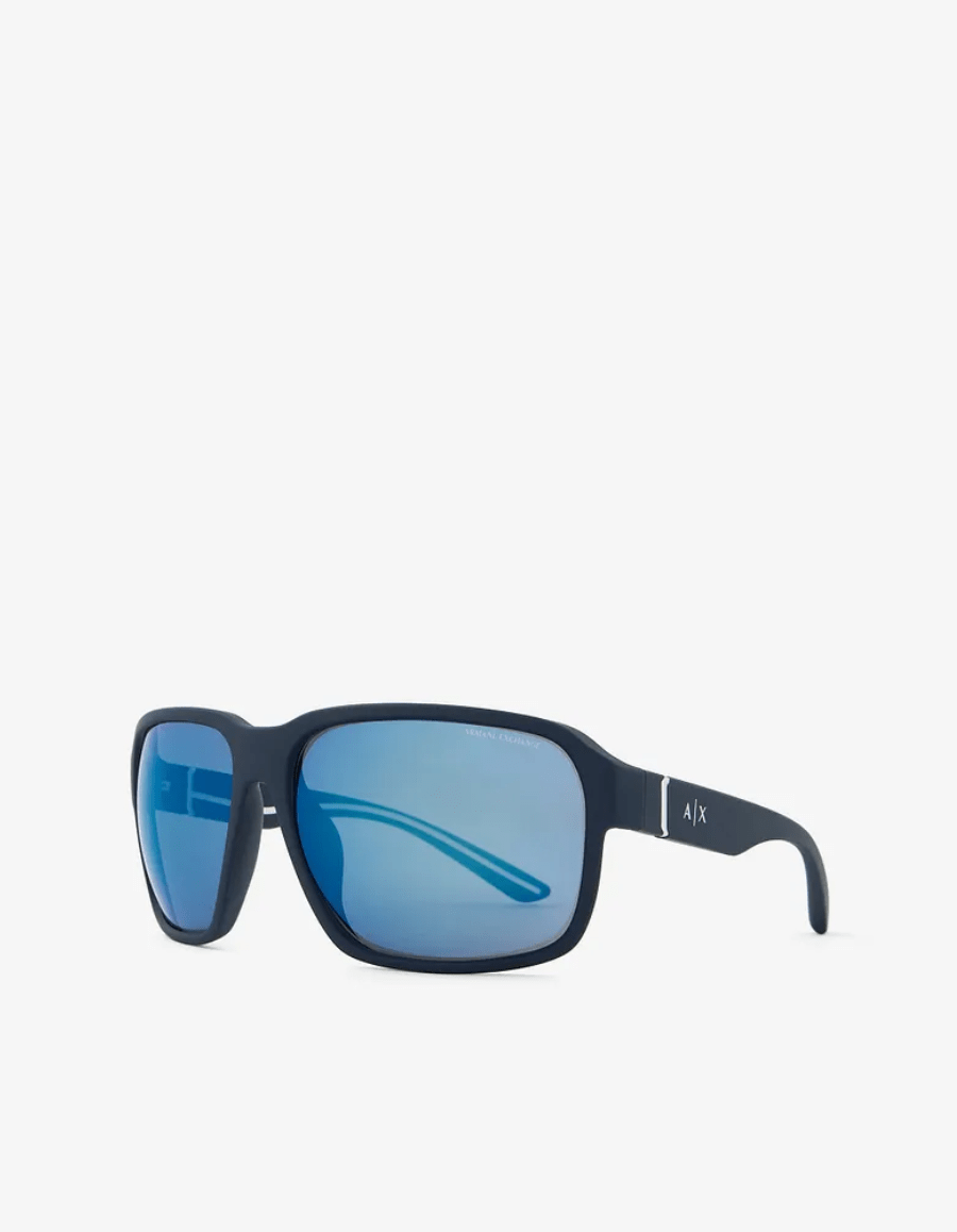 A pair of sunglasses with blue lenses on a white background.