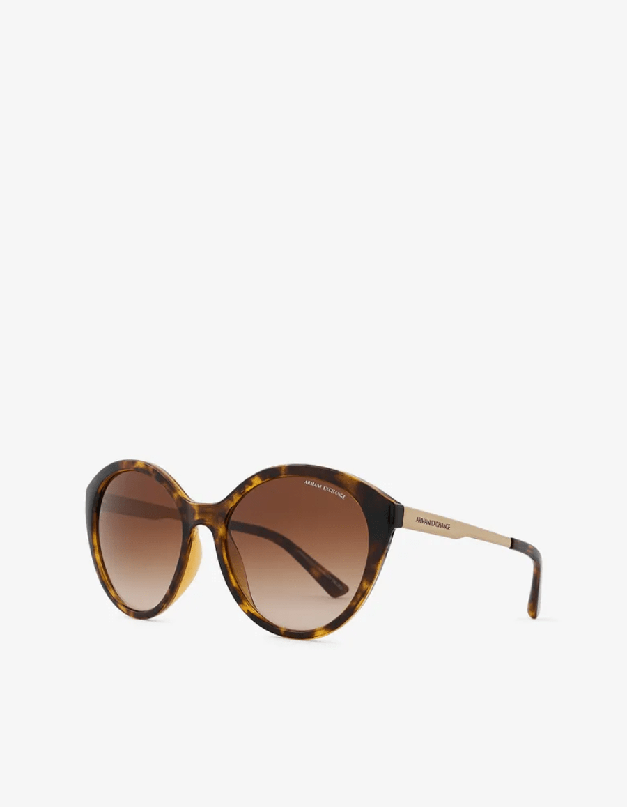 A pair of brown sunglasses on a white background.