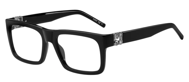 A pair of black glasses with clear lenses on a white background.