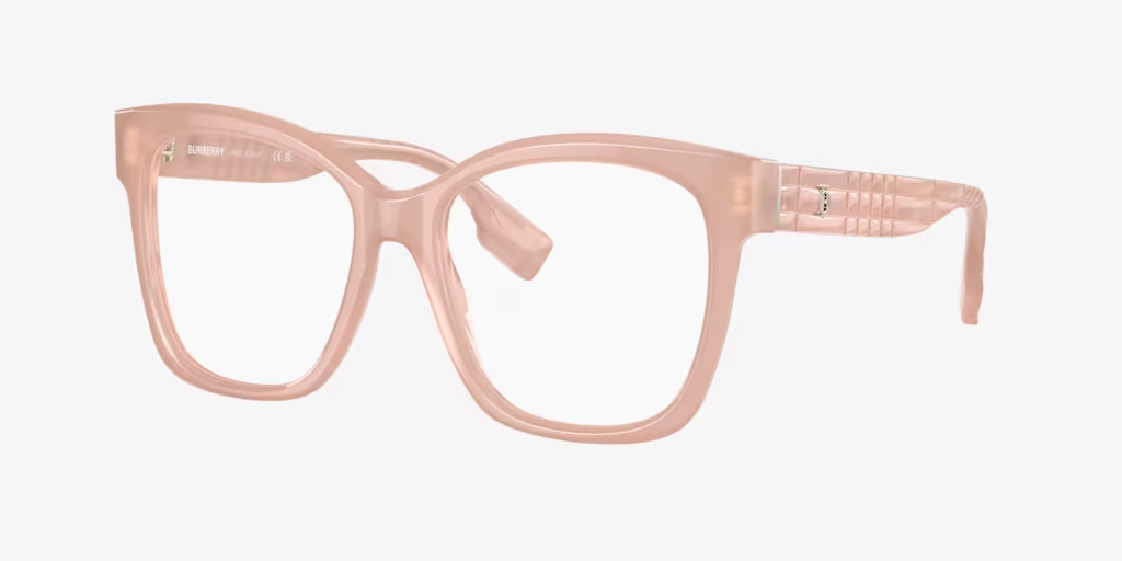A pair of pink glasses on a white background.