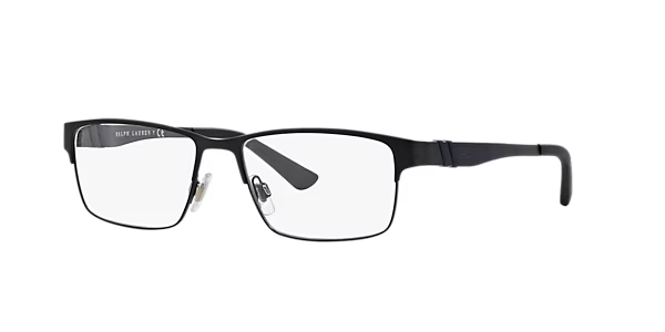 A pair of black glasses with clear lenses on a white background.