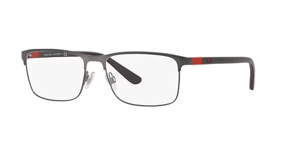 A pair of glasses with a red stripe on the side on a white background.