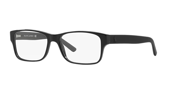 A pair of black glasses with clear lenses on a white background.