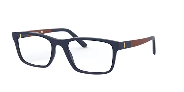 A pair of glasses with a blue frame and a brown rim on a white background.