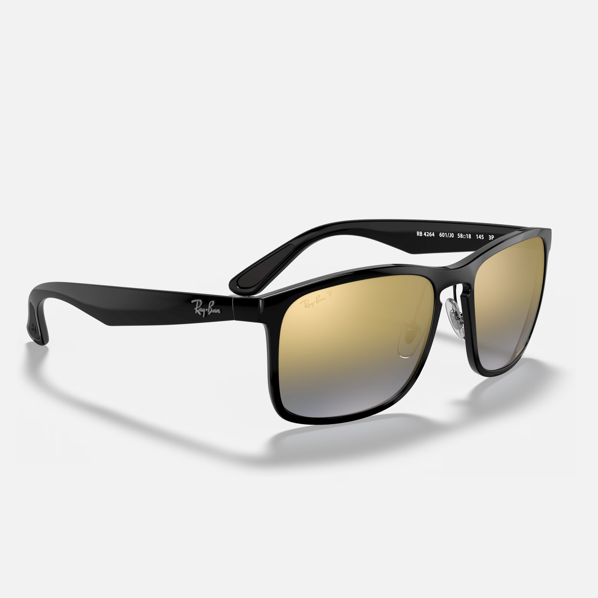 A pair of ray-ban sunglasses with a black frame and gold lenses on a white background.
