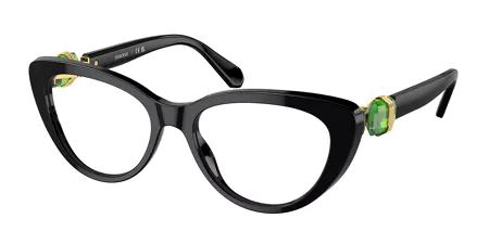 A pair of black glasses with a green stone on the side on a white background.