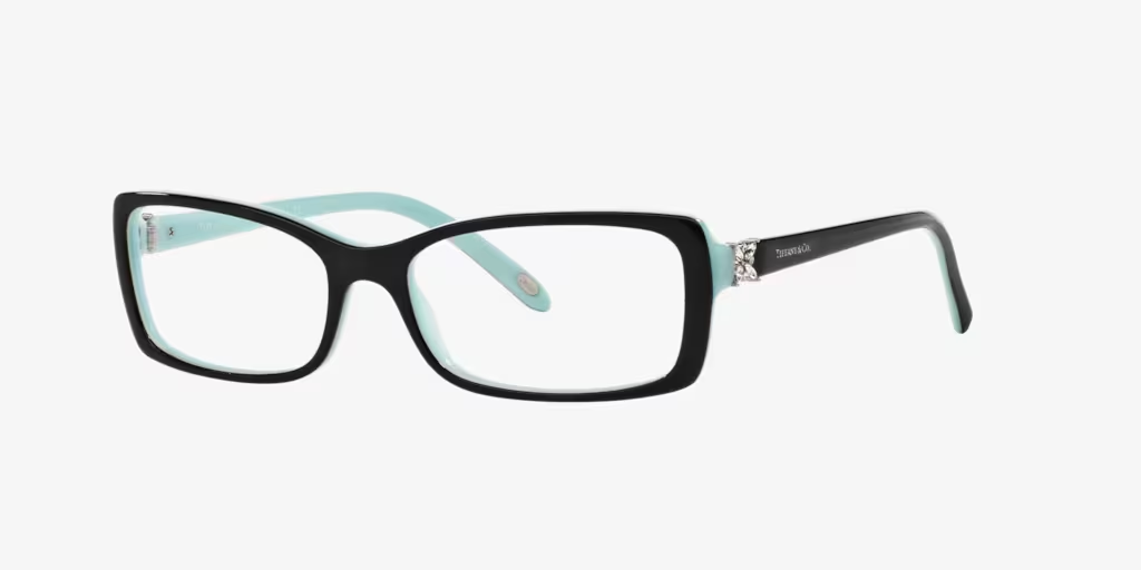 A pair of black and blue glasses on a white background.
