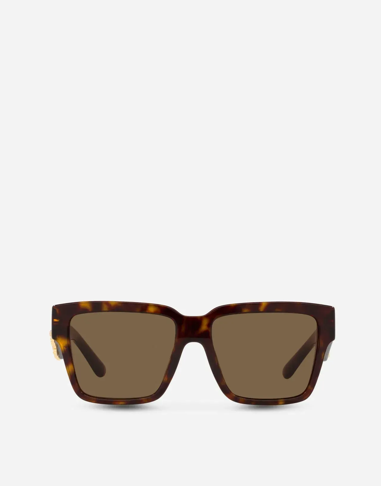 A pair of square sunglasses with brown lenses on a white background.