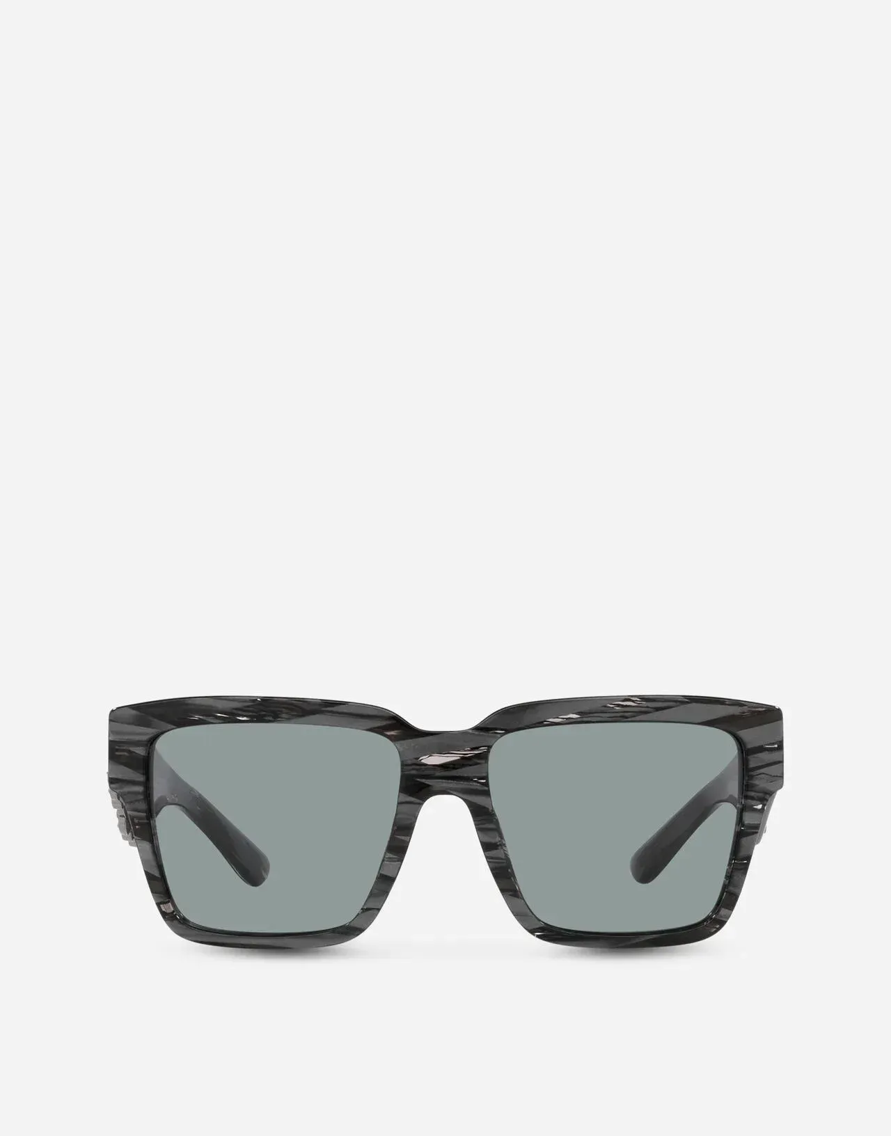 A pair of square sunglasses with a zebra print frame on a white background.