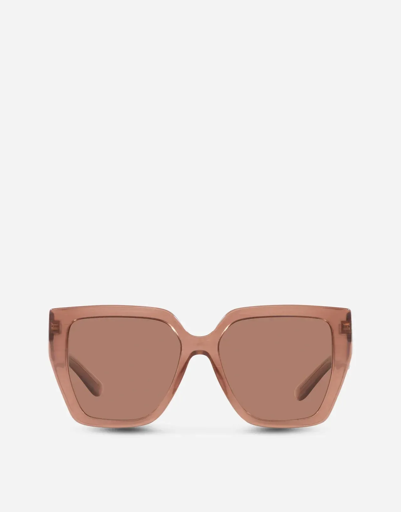 A pair of square sunglasses with brown lenses on a white background.