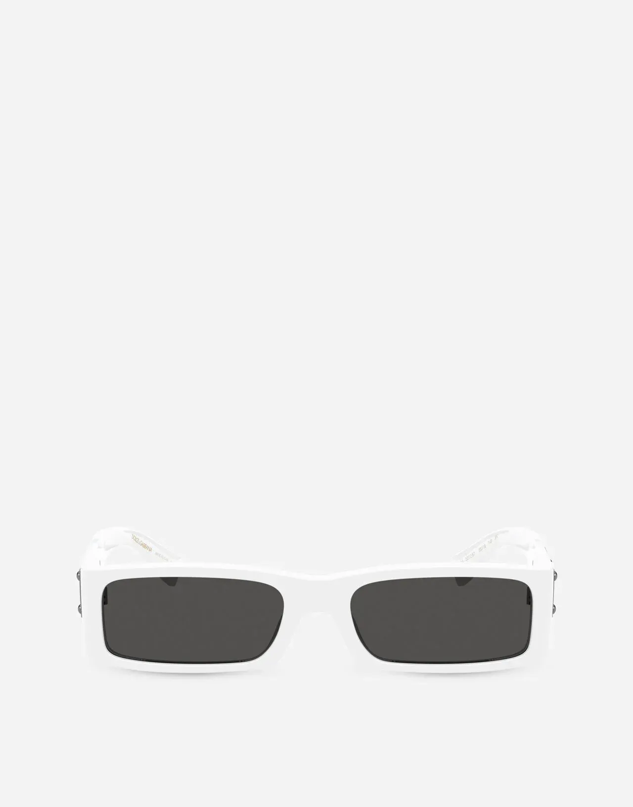 A pair of white sunglasses with black lenses on a white background.