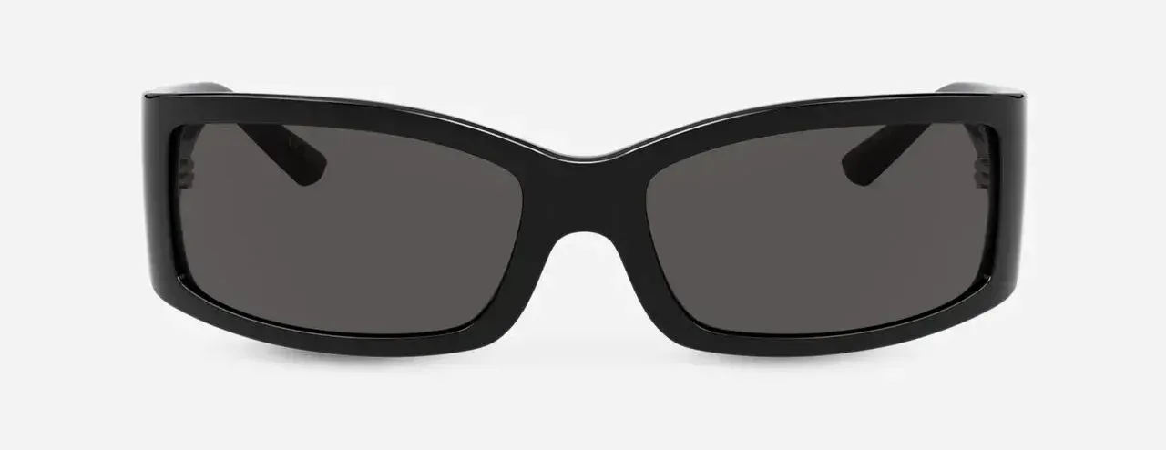 A pair of black sunglasses on a white background.