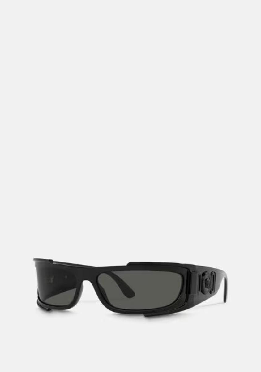A pair of black sunglasses on a white background.