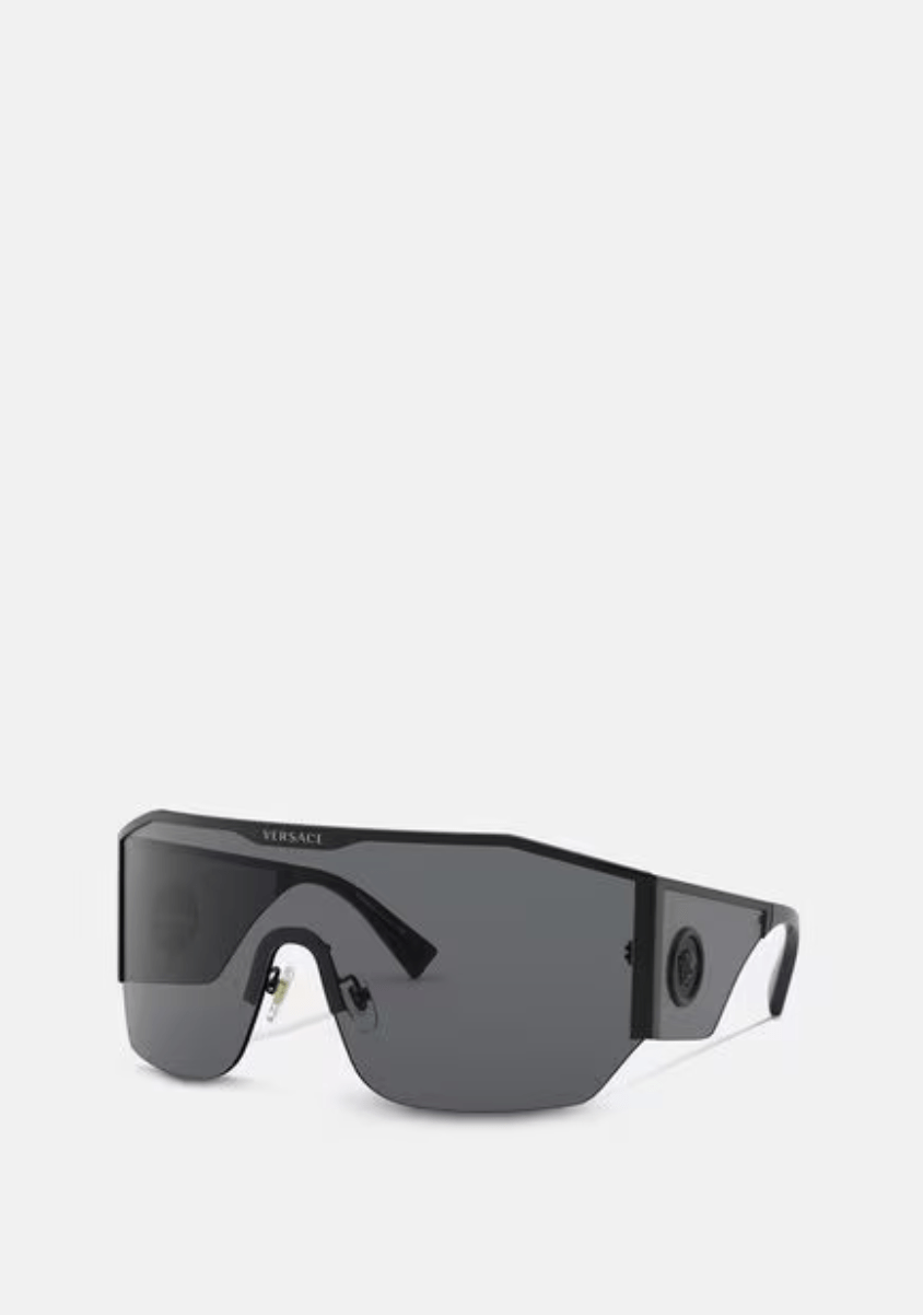 A pair of black sunglasses on a white background.