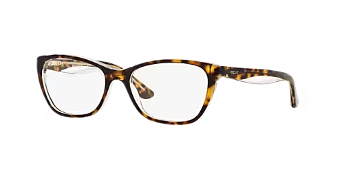 A pair of glasses with a brown frame and clear lenses on a white background.