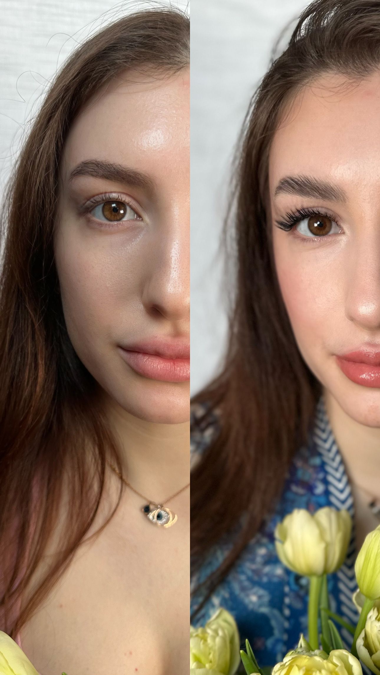 A before and after photo of a woman holding a bouquet of flowers.