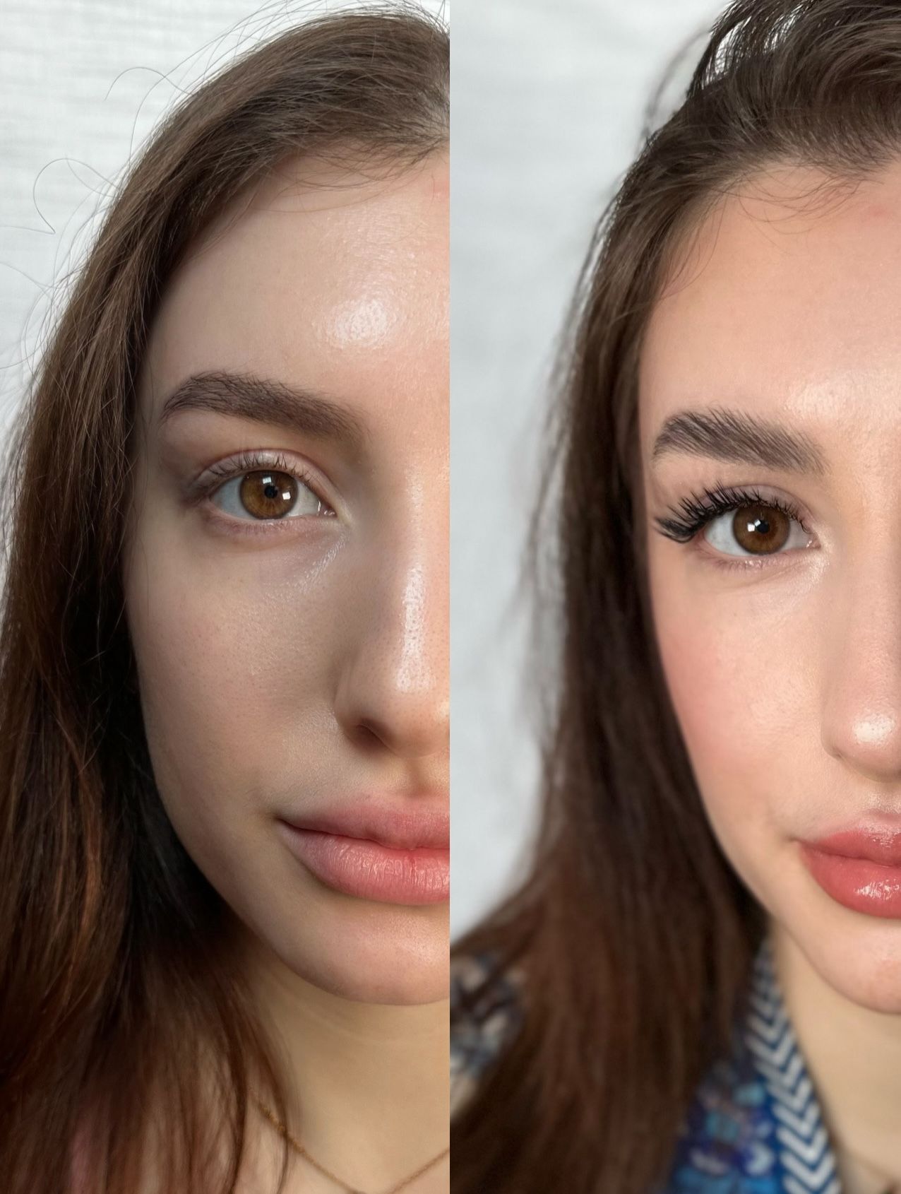 A before and after picture of a woman 's face