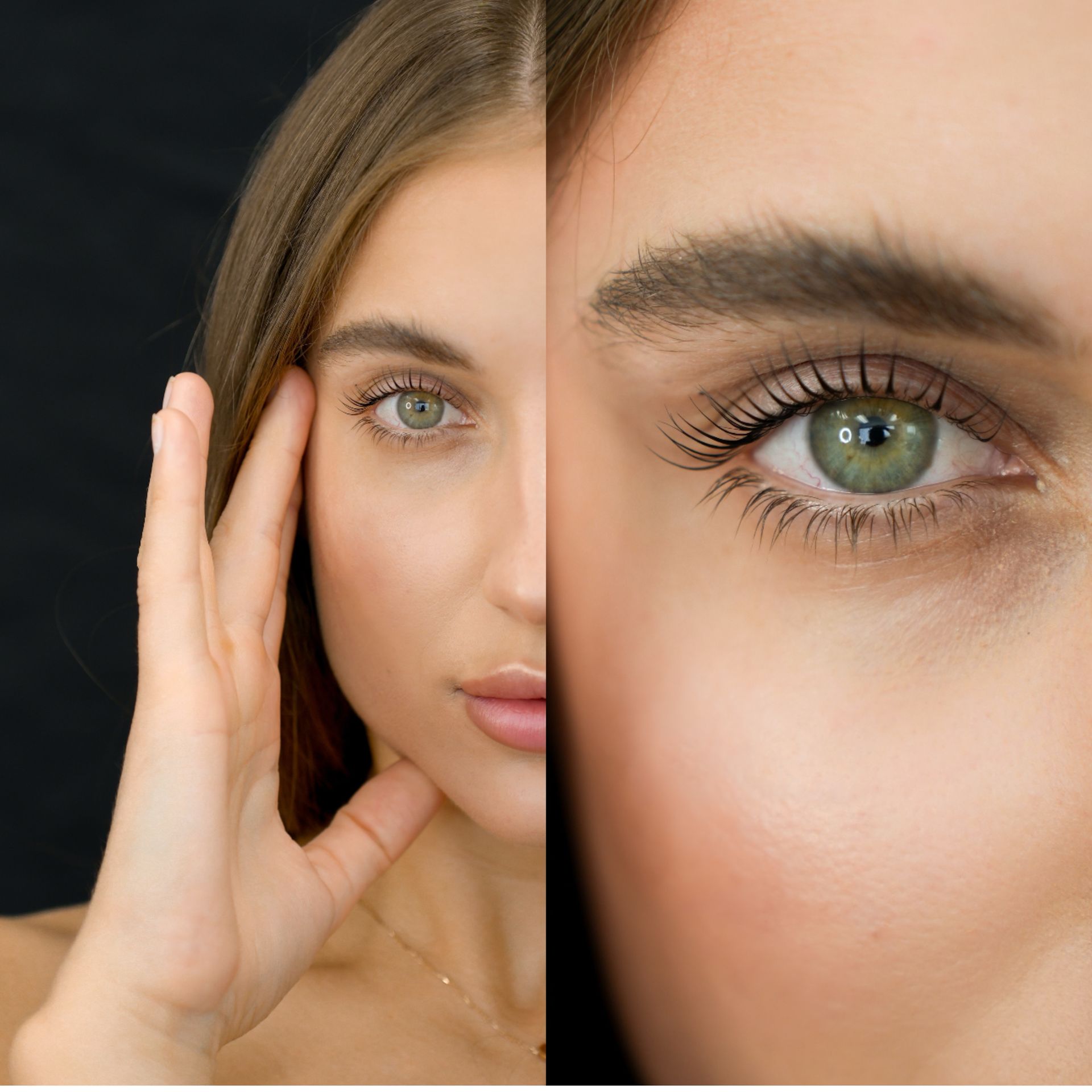 A close up of a woman 's face with green eyes