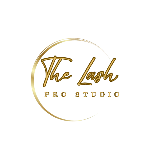 The logo for the lash pro studio is a gold circle with the words `` the lash pro studio '' written inside of it.