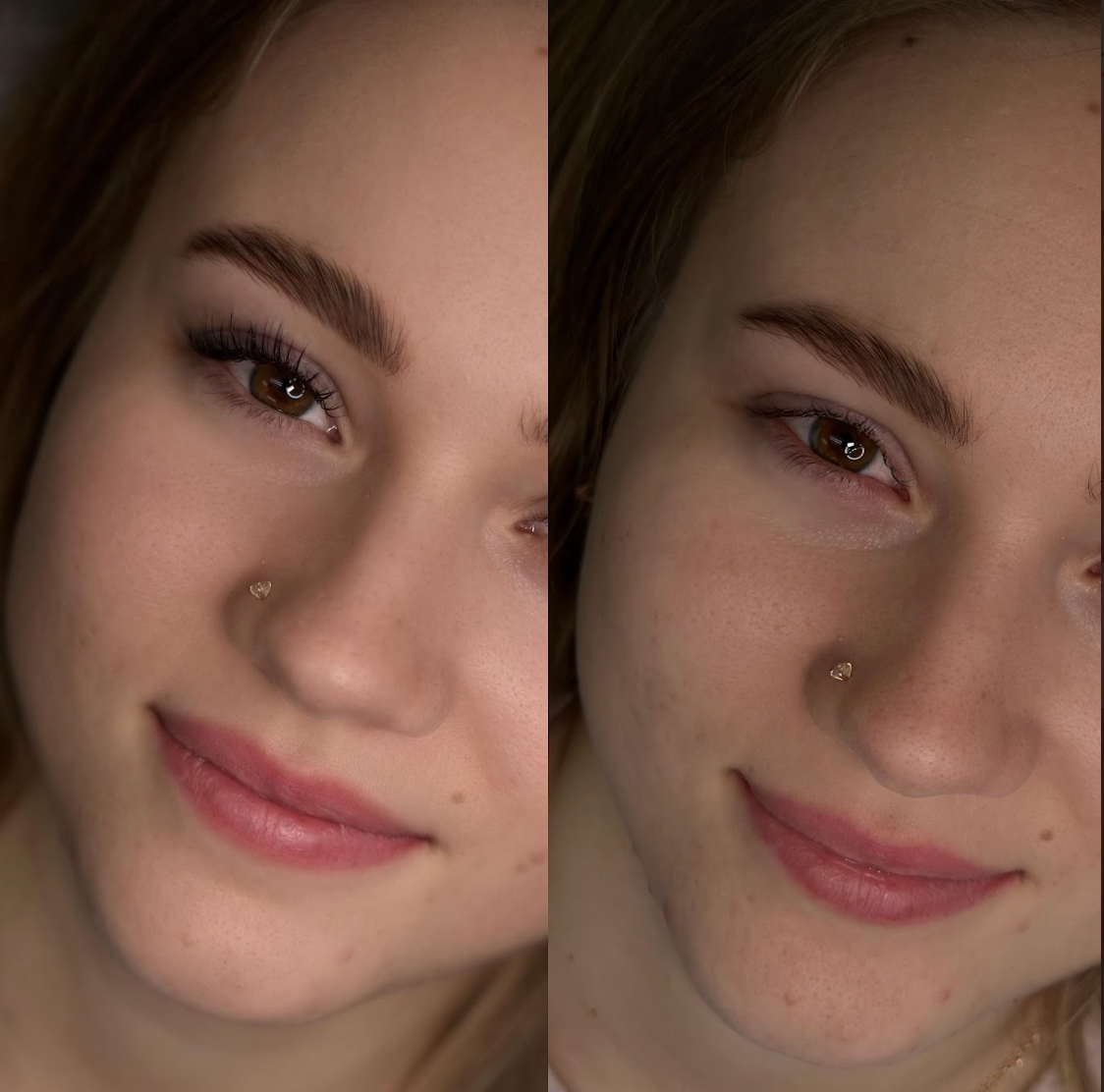A close up of a woman 's face with a nose ring