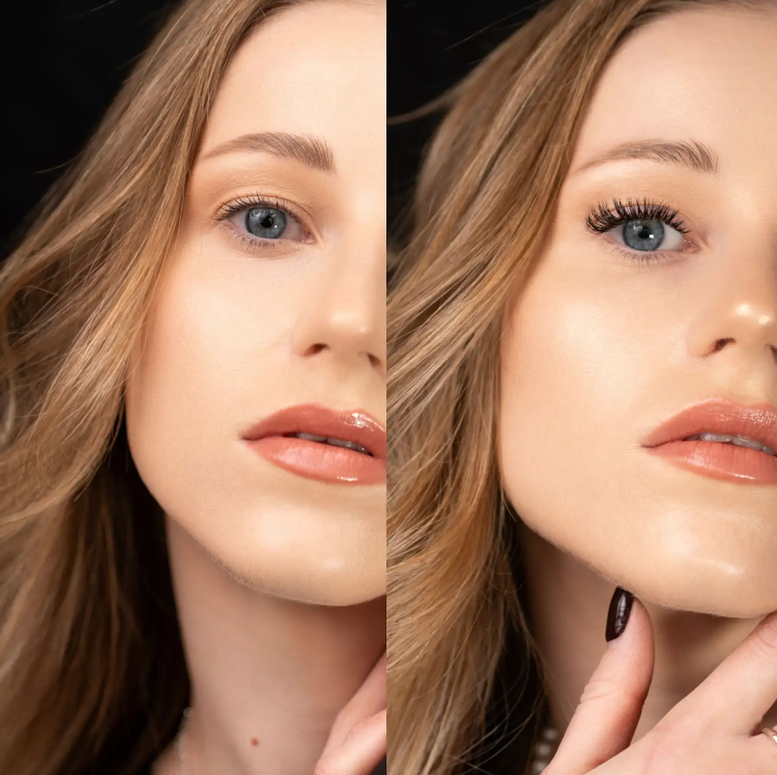 A woman 's face is shown before and after makeup