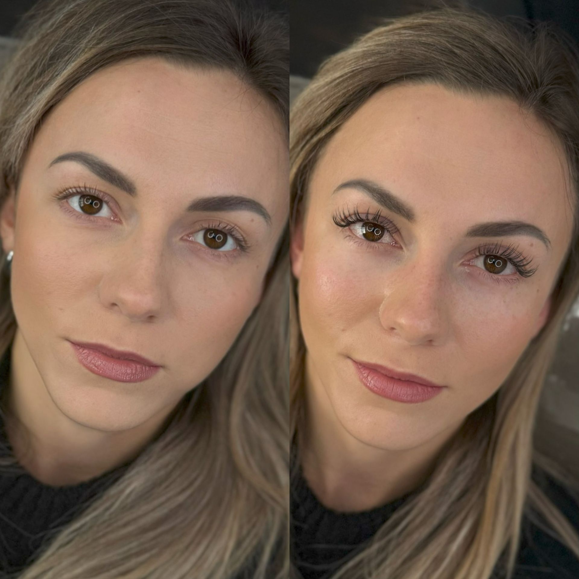 A comparison showing a person's lashes before and after an application of extensions.