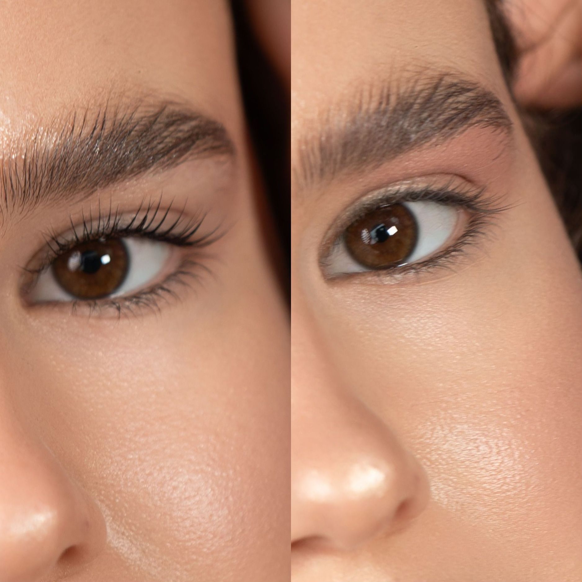 A close up of a woman 's eyes before and after makeup.