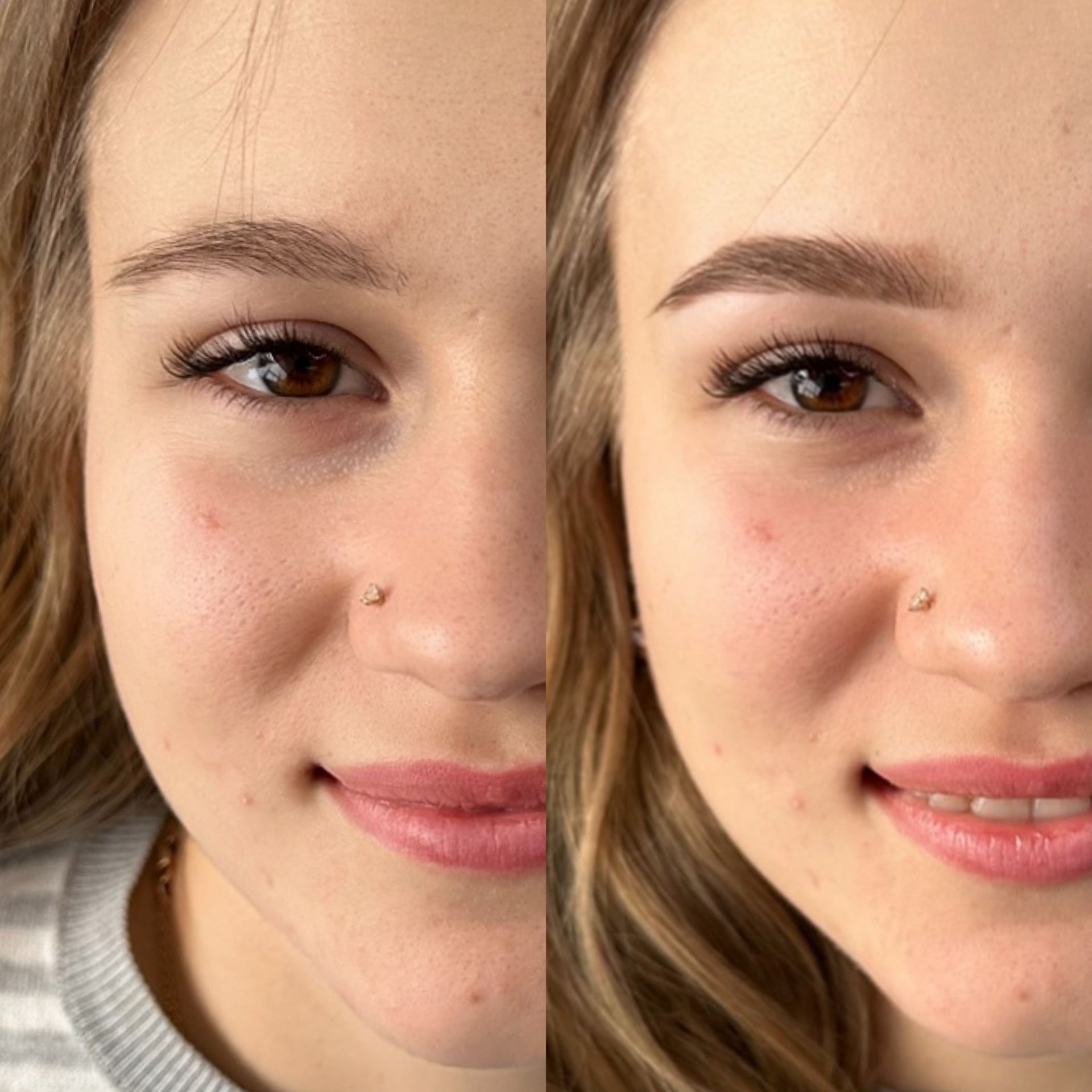 A before and after picture of a woman 's face with a nose ring.