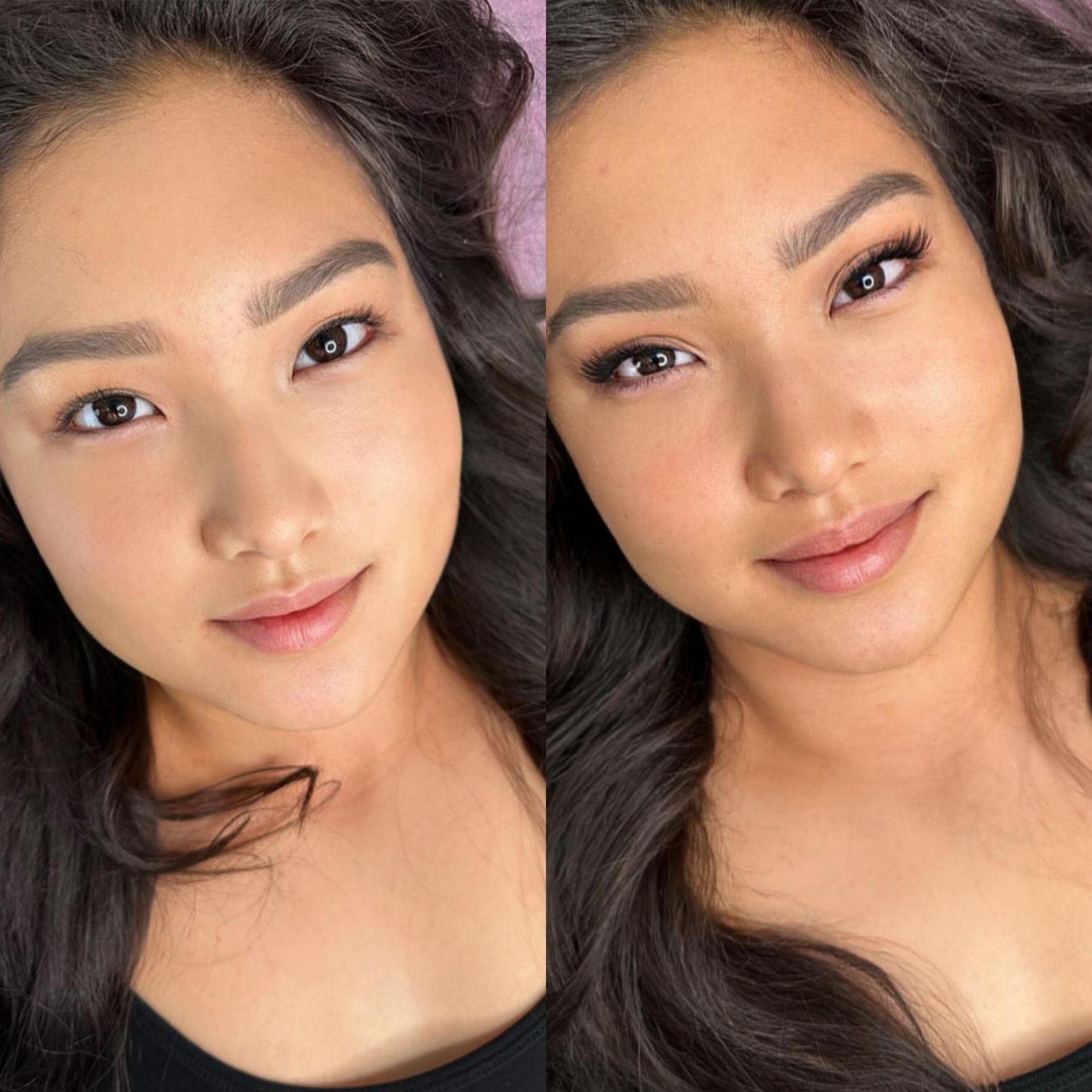 A close up of a woman 's face before and after makeup