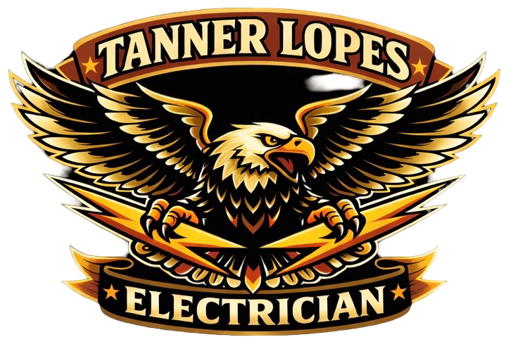 Logo for Tanner Lopes Electrician featuring a golden eagle clutching two yellow lightning bolts on a dark background.