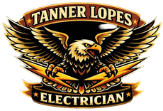 Logo for Tanner Lopes Electrician featuring a golden eagle clutching two yellow lightning bolts on a dark background.