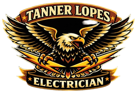 Logo for Tanner Lopes Electrician featuring a golden eagle clutching two yellow lightning bolts on a dark background.