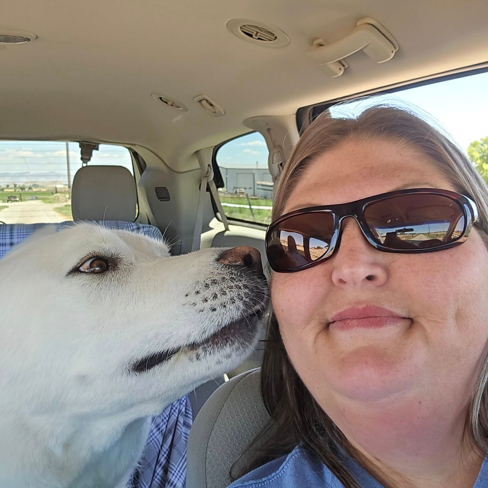 Woman in sunglasses and white dog in car; dog nuzzles woman.