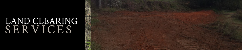 Land clearing services logo beside a dirt road through a wooded area