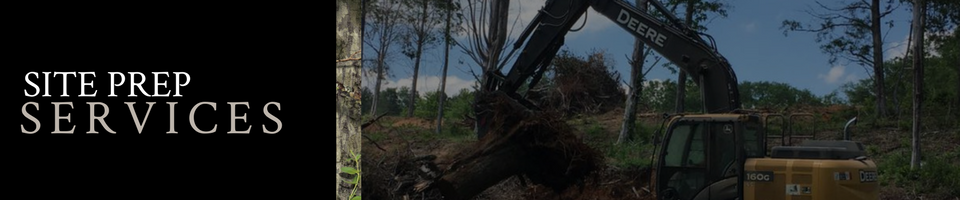 Site Prep Services logo over a dark outdoor construction scene with trees and equipment
