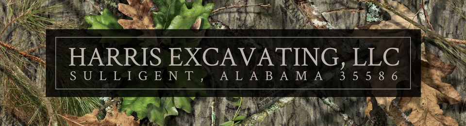 Harris Excavating, LLC sign on a black plaque over grass in Sulligent, Alabama 35586