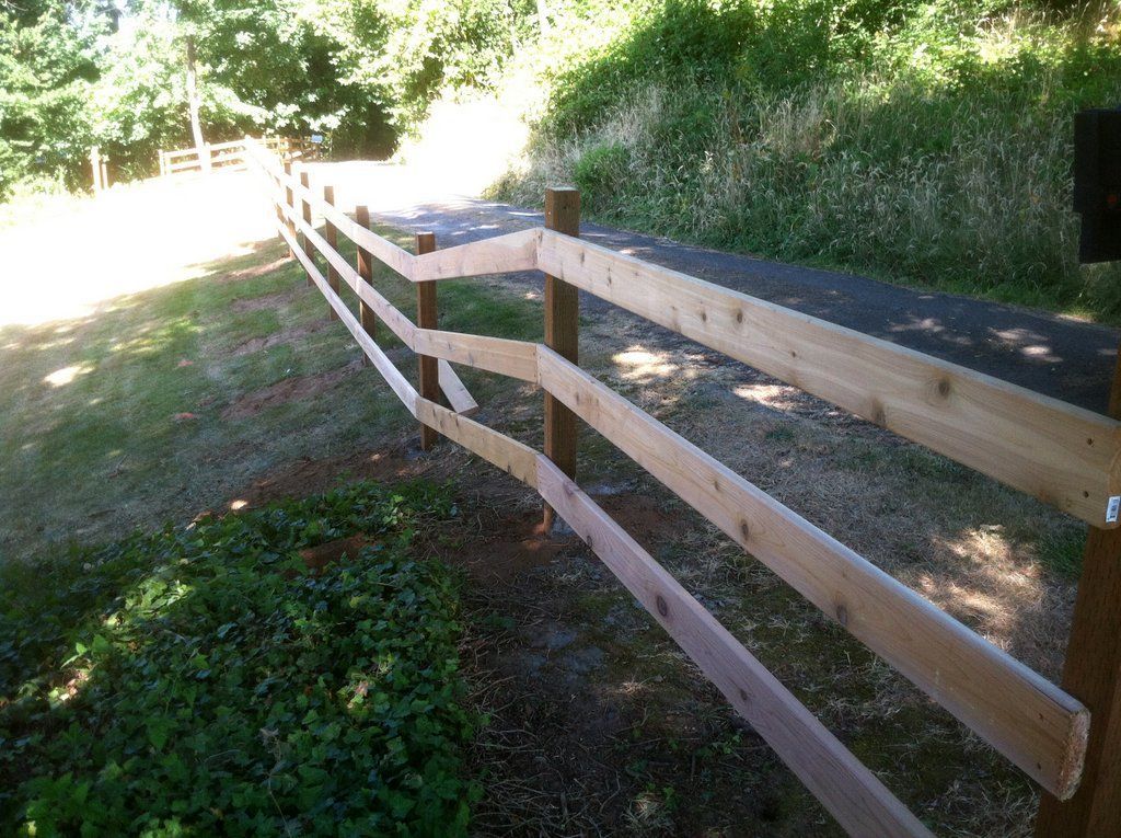 Wooden split-rail fence alongside a grassy path, with trees in the background.