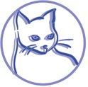 Blue line-art cat face inside a purple circle, like a simple logo or icon