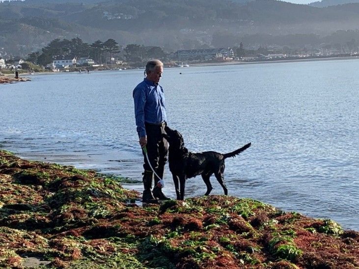 Man standing with a black dog on a rocky shoreline beside calm water and distant hills