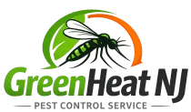 Logo for GreenHeat NJ pest control featuring a mosquito, green leaf, and orange arc.