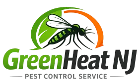 Logo for GreenHeat NJ pest control featuring a mosquito, green leaf, and orange arc.