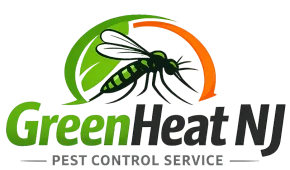Logo for GreenHeat NJ pest control featuring a mosquito, green leaf, and orange arc.