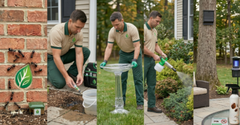 Mosquito pest control in New Jersey by Green Heat NJ showing backyard mosquito treatment, standing