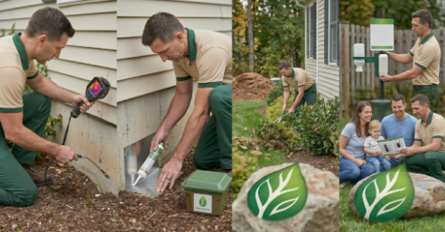 Pest control NJ by Green Heat NJ showing home inspection, sealing entry points, yard maintenance