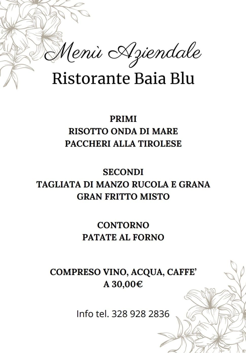 Menu for Ristorante Baia Blu: includes Primi, Secondi, Contorno, drinks, and price.